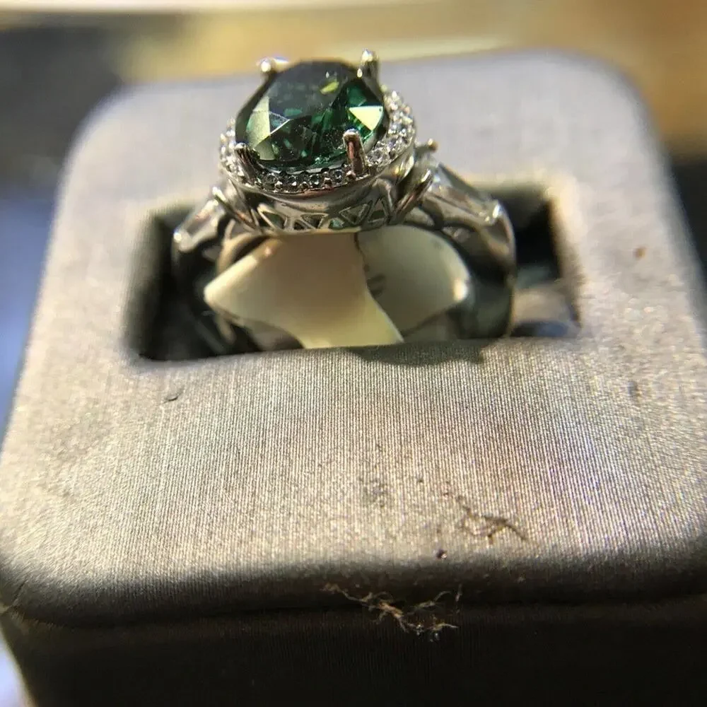 Ring 925 Sz6 Oval Diopside Circle Diamonds 2 Baguette (All Stones Simulated)